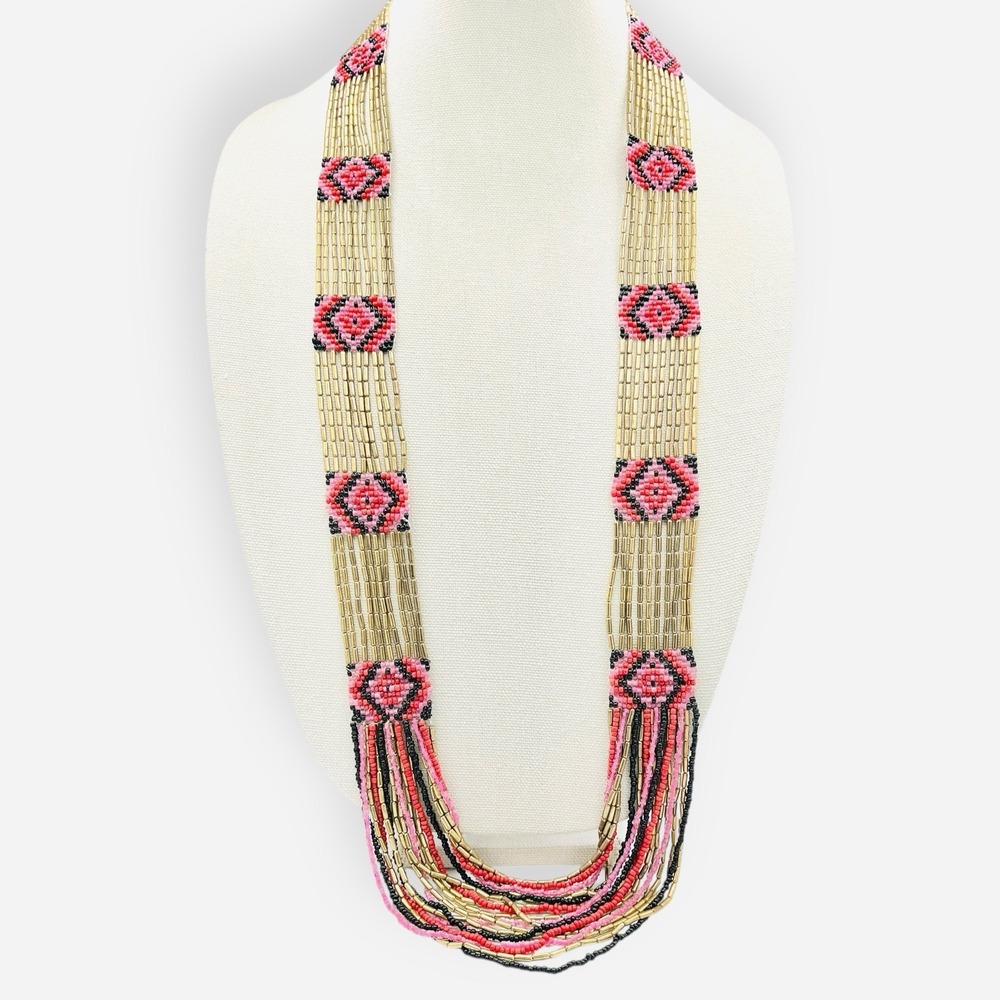 Seed Bead Tribal Southwestern Necklace Pink Gold Black‎ Long 41" Multi Strand